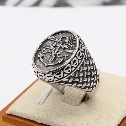 Anillo de Ancla de Acero de Titanio Vintage para Hombre Punk Gótico Desgastado Relieve Sol Ola Anillo de Sello Joyería de Moda Hip Hop
