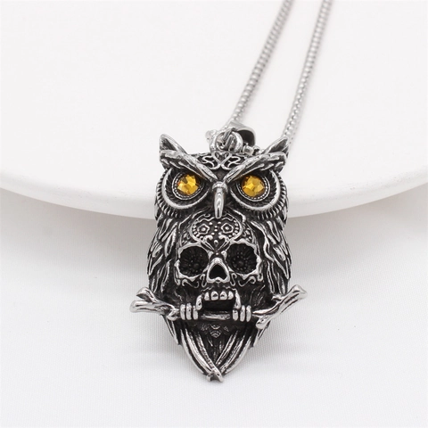 Gothic Stainless Steel Owl Skull Pendant For Men Vintage Dark Owl Necklace With Yellow Rhinestone Antique Silver Jewelry