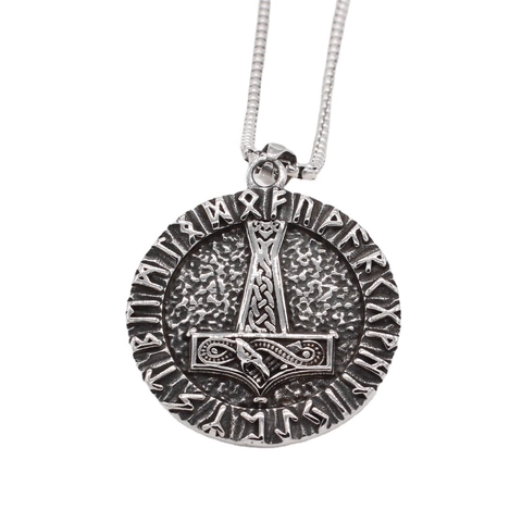 Nordic Viking Thor Hammer Pendant Necklace For Men Antique Titanium Steel Round Rune Mjolnir Pendant Retro Punk Jewelry