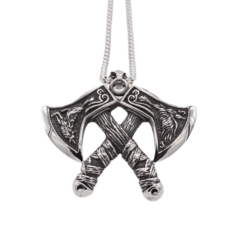 Vintage Viking Double Axe Pendant Necklace For Men Distressed Titanium Steel Norse Totem Warrior Jewelry Retro Necklace