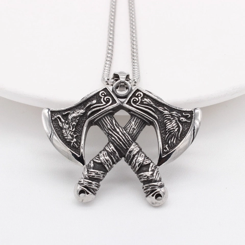 Vintage Viking Double Axe Pendant Necklace For Men Distressed Titanium Steel Norse Totem Warrior Jewelry Retro Necklace