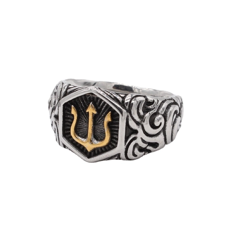 Vintage Men's Titanium Steel Trident Ring Poseidon Mythological Symbol Carved Punk Hexagonal Band Jewelry Gift For Men