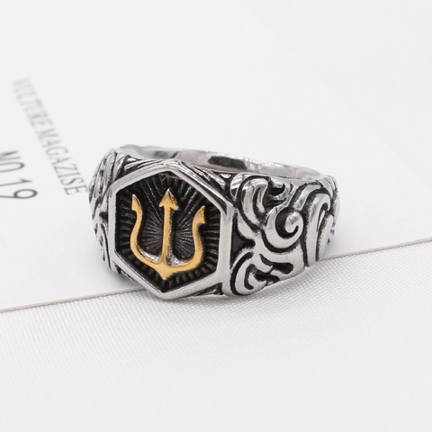 Vintage Men's Titanium Steel Trident Ring Poseidon Mythological Symbol Carved Punk Hexagonal Band Jewelry Gift For Men