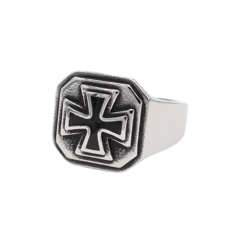Vintage Titanium Steel Octagon Ring For Men Black Maltese Iron Cross Punk Gothic Biker Signet Ring Retro Jewelry Accessory