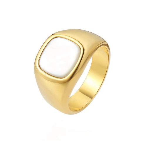 Minimalist Titanium Steel Square Signet Ring For Men Women Shell Inlay Geometric Finger Ring Polished Fashion Jewelry
