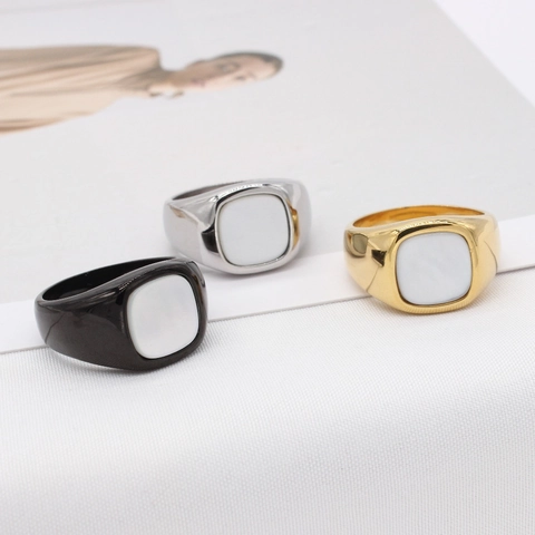 Minimalist Titanium Steel Square Signet Ring For Men Women Shell Inlay Geometric Finger Ring Polished Fashion Jewelry