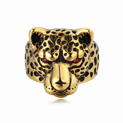 Anillo de Cabeza de Leopardo Vintage para Hombre Acero de Titanio Punk Gótico Cabeza de Animal Con Ojos de Strass Rojos