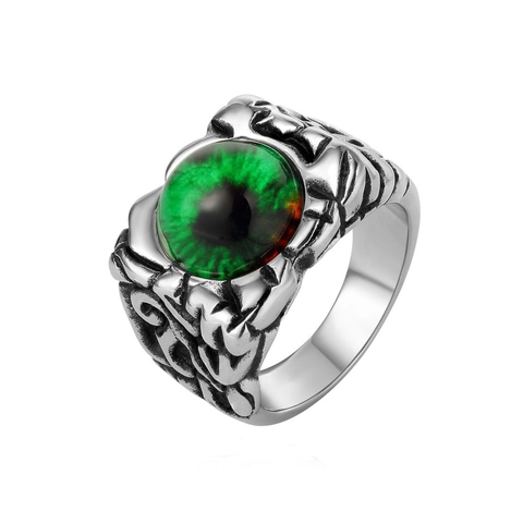 Heren Retro Boze Oog Titanium Staal Ring Gotisch Punk Gegraveerd Groen Oog Biker Ring Individuele Sieraden Cadeau