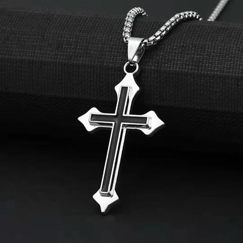 Colgante de Cruz de Acero de Titanio Minimalista para Hombre Esmalte Negro Incrustado Plata Metal Cruz Encanto Joyería de Moda