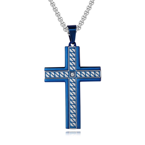 Colgante de Cruz de Acero de Titanio Vintage para Hombre Chapado en Negro Azul Dorado Strass Incrustado Textura Trenzada Joyería Religiosa Solo Colgante