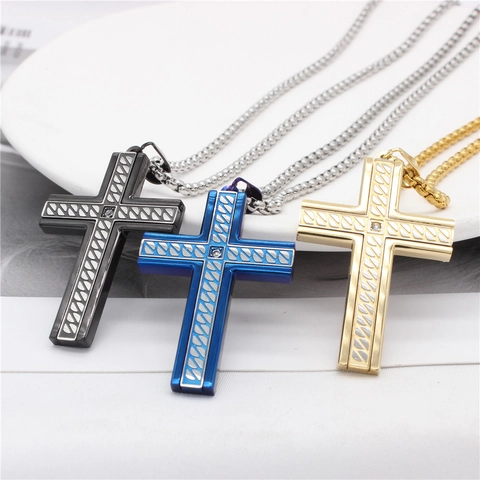 Colgante de Cruz de Acero de Titanio Vintage para Hombre Chapado en Negro Azul Dorado Strass Incrustado Textura Trenzada Joyería Religiosa Solo Colgante