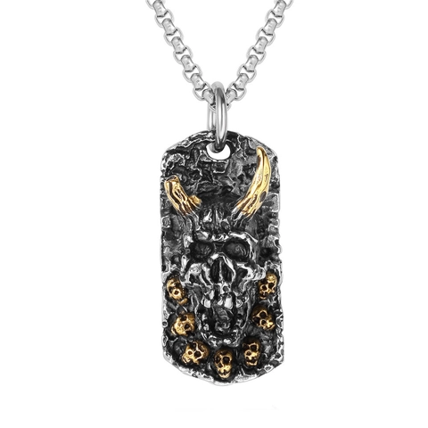 Gothic Monster Skull Pendant Only Titanium Steel Retro Aged Finish Horns Rectangular Charm For Men Punk Style Accessories