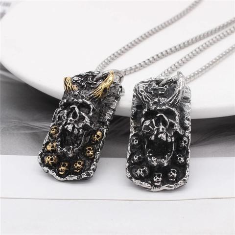 Gothic Monster Skull Pendant Only Titanium Steel Retro Aged Finish Horns Rectangular Charm For Men Punk Style Accessories