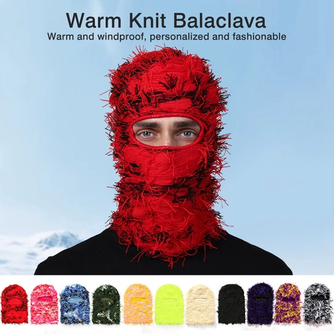 Passamontagna Balaclava Peloso Distrutto Maschera Maglia Acrilico Copertura Viso Divertente Frange Caldo Inverno Outdoor Costume Festa