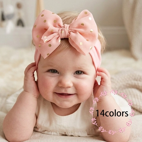 Baby Headband Big Bow Gold Polka Dots Nylon Elastic Wide Hairband For Infants Toddlers Kids Hair Accessories