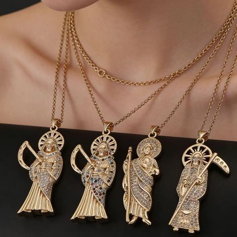 Collana Con Pendente Santa Muerte St Jude Rame Con Zirconia Cubica Colorata Tristo Mietitore Gioielli Religiosi Hip Hop Accessorio