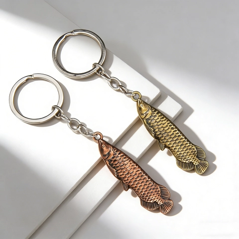 Porte-clés Poisson Arowana en Métal Vintage Rétro Bronze Antique Or Pendentif en Alliage de Zinc Électroplaqué pour Sac Voiture