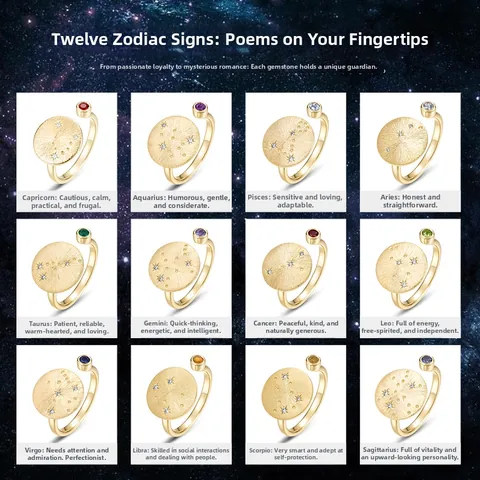 Anillo Abierto del Zodiaco de Plata de Ley S925 Cepillado a Mano Constelación Piedra Natural Circonia Joyería Ajustable