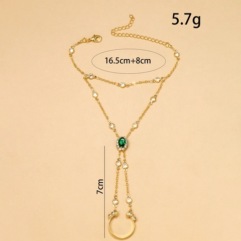 Vintage Green Rhinestone Ring Bracelet Hand Harness Waterdrop Pendant Alloy Finger Chain Jewelry For Women Wedding