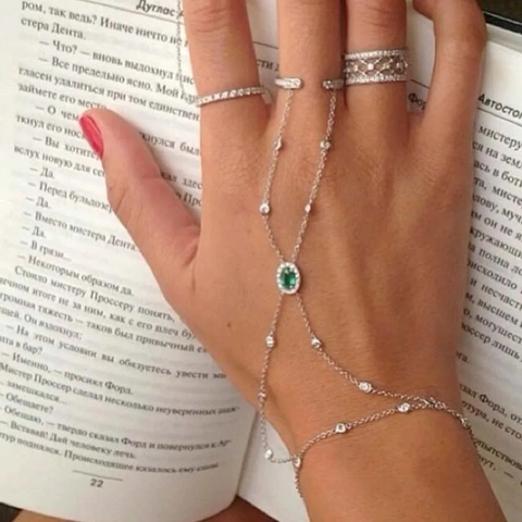 Vintage Green Rhinestone Ring Bracelet Hand Harness Waterdrop Pendant Alloy Finger Chain Jewelry For Women Wedding