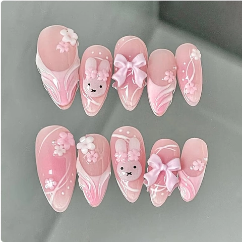 Almond Press On Nails Pink Purple Gradient With Bunny And Flower Bow Resin Sweet Fairy Style Artificial Fingernails