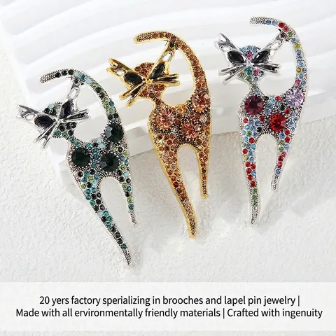 Broche Chat Mignon Vintage en Alliage Incrusté de Strass Forme de Chat Broche de Poitrine Exquise Épingle de Col pour Femmes Bijoux Cadeau