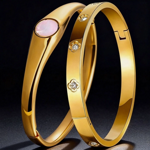 Braccialetto Rigido di Lusso in Acciaio Inossidabile per Donna Con Strass e Perla Artificiale Motivo a Cuore e Trifoglio Gioielli di Moda