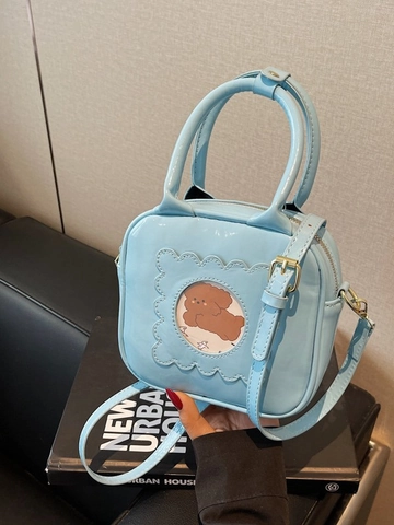 Sac Carré Petit en Cuir PU Verni Brillant Mode Femmes Sac à Bandoulière Fenêtre Chien Dessin Animé Main Décontracté