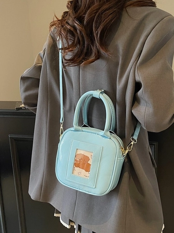 Sac Carré Petit en Cuir PU Verni Brillant Mode Femmes Sac à Bandoulière Fenêtre Chien Dessin Animé Main Décontracté