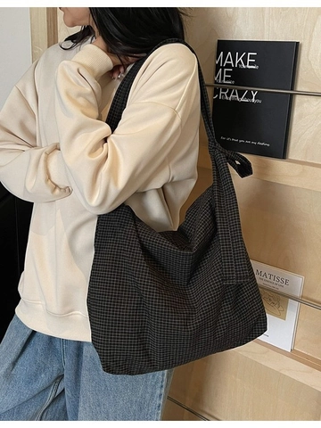 Sac Cabas à Carreaux Grande Capacité Sac à Épaule Tissé Décontracté Avec Bandoulière Nouée Sac de Shopping Minimaliste Femmes