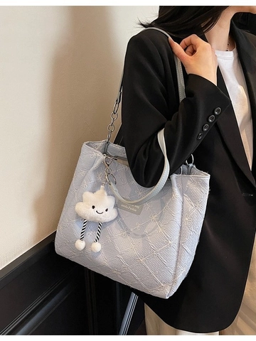 Grand Sac Cabas Femme en Cuir PU Sac à Épaule Jacquard Floral Avec Pendentif Nuage Mode Décontracté Sac à Main Quotidien