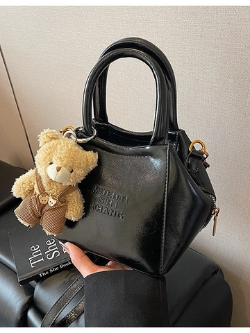 Women PU Leather Shoulder Bucket Bag With Removable Plush Bear Pendant Glossy Small Square Crossbody Bag Commuter Handbag