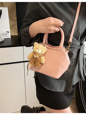 Women PU Leather Shoulder Bucket Bag With Removable Plush Bear Pendant Glossy Small Square Crossbody Bag Commuter Handbag