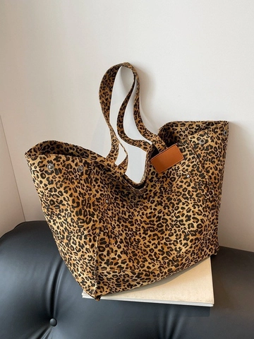 Sac Fourre-tout en Toile Imprimé Léopard Vintage Sac à Bandoulière Grande Capacité Avec Rivets Et Patch En Cuir Femme