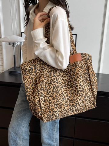 Sac Fourre-tout en Toile Imprimé Léopard Vintage Sac à Bandoulière Grande Capacité Avec Rivets Et Patch En Cuir Femme