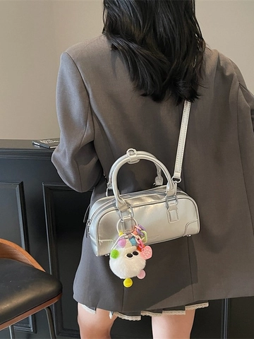 Women Retro PU Leather Bowling Bag Fashion Y2K Small Boston Handbag Casual Crossbody Shoulder Bag With Plush Charm