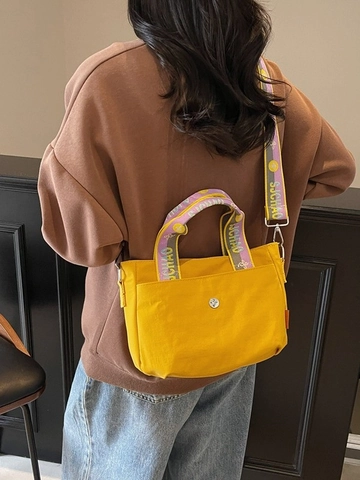 Damen Große Kapazität Canvas Umhängetasche Vielseitige Tote Handtasche Mit Breitem Gemustertem Gurt Für Studenten Alltäglicher Gebrauch