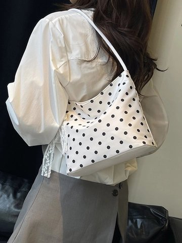 Borsa a Spalla Vintage a Pois per Donna Dolce Fiocco in Pizzo Nylon Borsa Sottobraccio Pendolare Lavoro Borsa a Secchiello Piccola Regalo