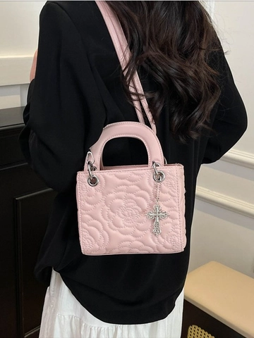 Gewatteerde Roos Bloem Emmer Tas PU Leer Handtas Crossbody Schoudertas Kruis Hanger Elegant Chic Mode Vrouwen