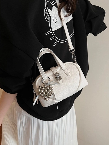 Dames Mini Boston Kussentas Lycheetextuur PU Leer Hart Hanger Crossbody Handtas Mode Trend Dagelijks Schoudertas