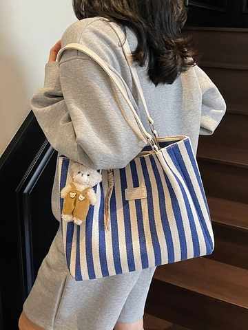 Dames Mode Gestreepte Tote Bag Met Grote Capaciteit Casual Canvas Schoudertas Met Berenhanger Woon-Werkverkeer Handtas