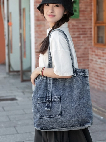 Borsa Tote in Denim Lavaggio ad Acido Vintage Grande Capacità Donna Retro Casual Borsa a Spalla Con Tasca Frontale Anello a D