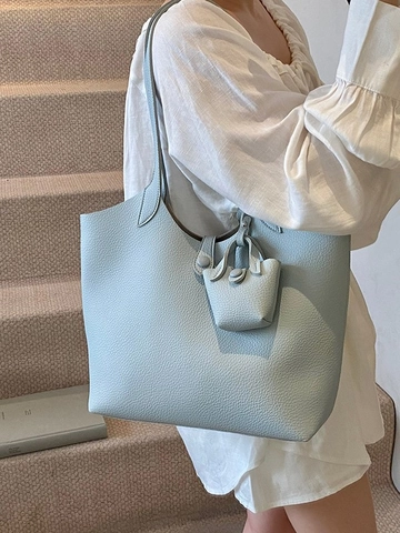Damen Große Kapazität PU Leder Tragetasche Litschi Textur Lässige Schultertasche Arbeit Pendeln Eimer Tasche Mit Mini Beutel