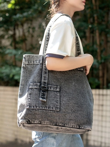 Borsa Tote in Denim Lavaggio ad Acido Vintage Grande Capacità Donna Retro Casual Borsa a Spalla Con Tasca Frontale Anello a D
