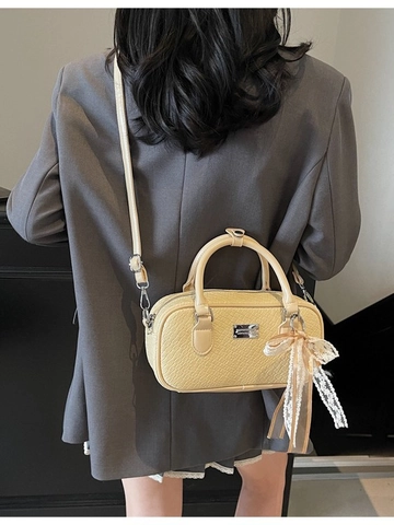 Damen PU Leder Webstruktur Boston Schultertasche Vintage Handtasche Mit Spitzenschleife Eleganter Crossbody Bag Für Den Alltag