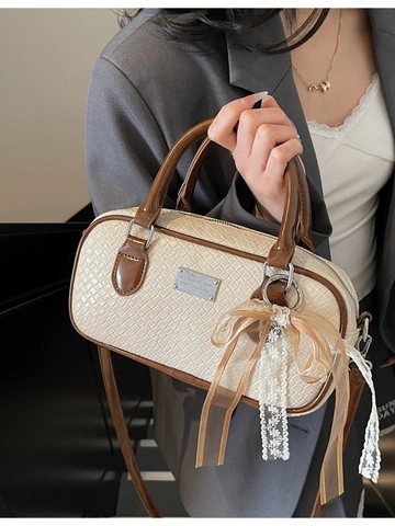 Damen PU Leder Webstruktur Boston Schultertasche Vintage Handtasche Mit Spitzenschleife Eleganter Crossbody Bag Für Den Alltag
