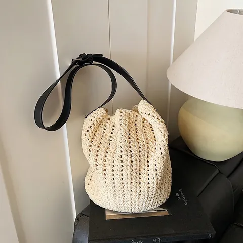 Borsa da Spiaggia Estiva Intrecciata Traforata PU Grande Capacità Casual Borsa a Spalla Tracolla Secchiello per Vacanza Donna