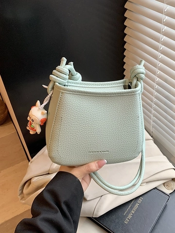 Fashion PU Leather Crossbody Bucket Bag Litchi Grain Pattern Knotted Strap Cartoon Rabbit Pendant Casual Shoulder Bag