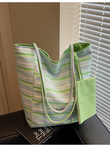 Dames Grote Capaciteit Gestreepte Canvas Tote Bag Met Kleine Bijpassende Pouch Vrijetijds Schoudertas Voor Studenten Vakantie