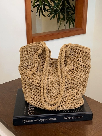 Vrouwen Grote Capaciteit Geweven Tote Bag Ajour Gehaakte Schoudertas Met Kwastje Boheems Casual Vakantie Strand Handtas